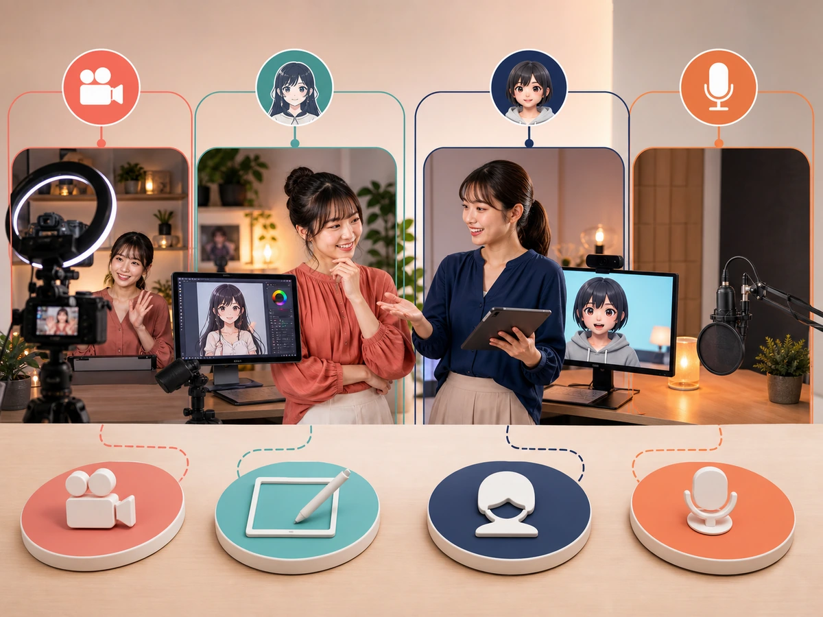女性が人物映像、イラスト、アバター、ラジオの四つから自分が映したい形式を選んでいる