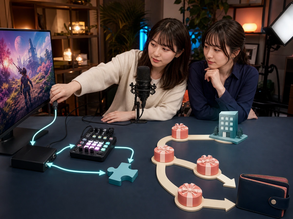 女性配信者がゲーム配信に必要なソフト構成と報酬の受け取り経路を別々に確認している