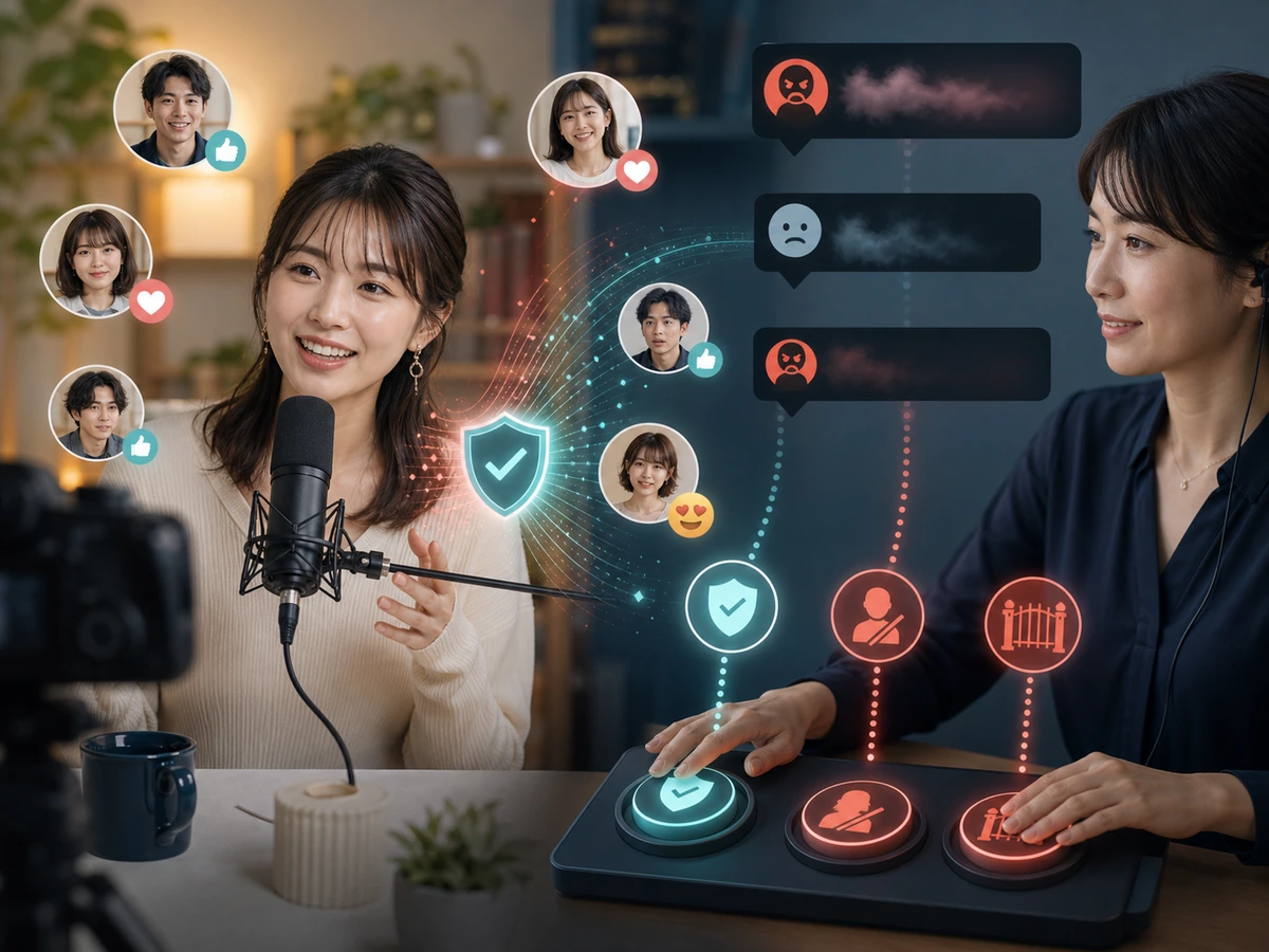 女性配信者が視聴者との会話を続けながらコメントのフィルター、ミュート、ブロックを操作している