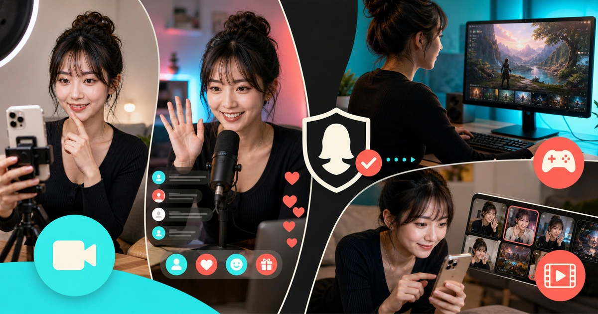 女性配信者が短い動画、LIVEの会話、ゲーム配信、リプレイ編集を一つの活動として行っている