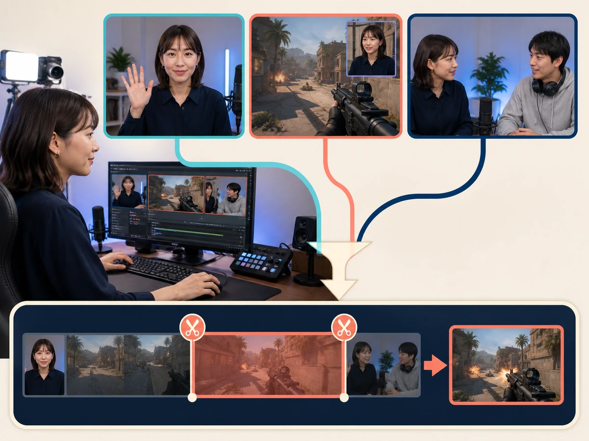 女性配信者がゲームの複数シーンを組み、終了後のLIVEリプレイから短いクリップを選んでいる