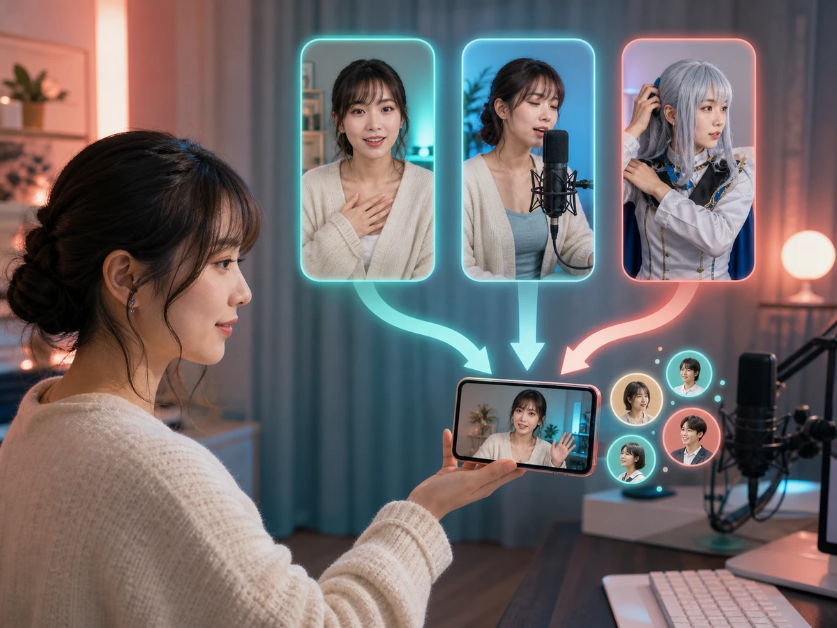 女性配信者が短い自己紹介動画、歌動画、コスプレ準備動画から同じ内容のLIVEへつなげている