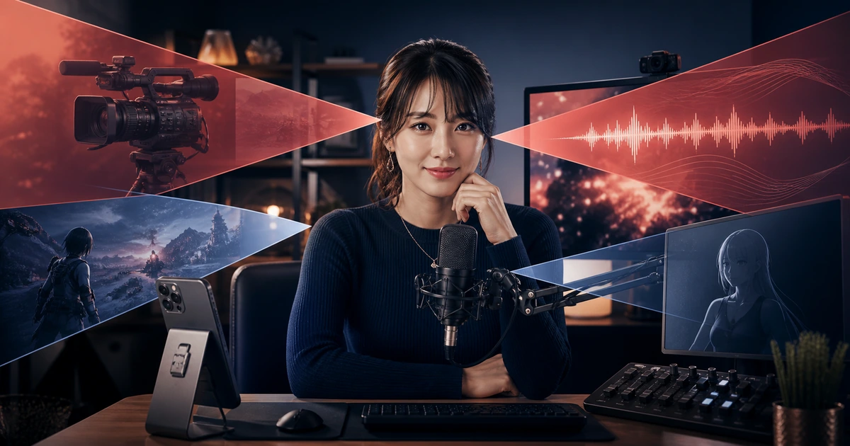 女性配信者が動画、ラジオ、PCゲーム、バーチャル配信の四つの方法を比べている