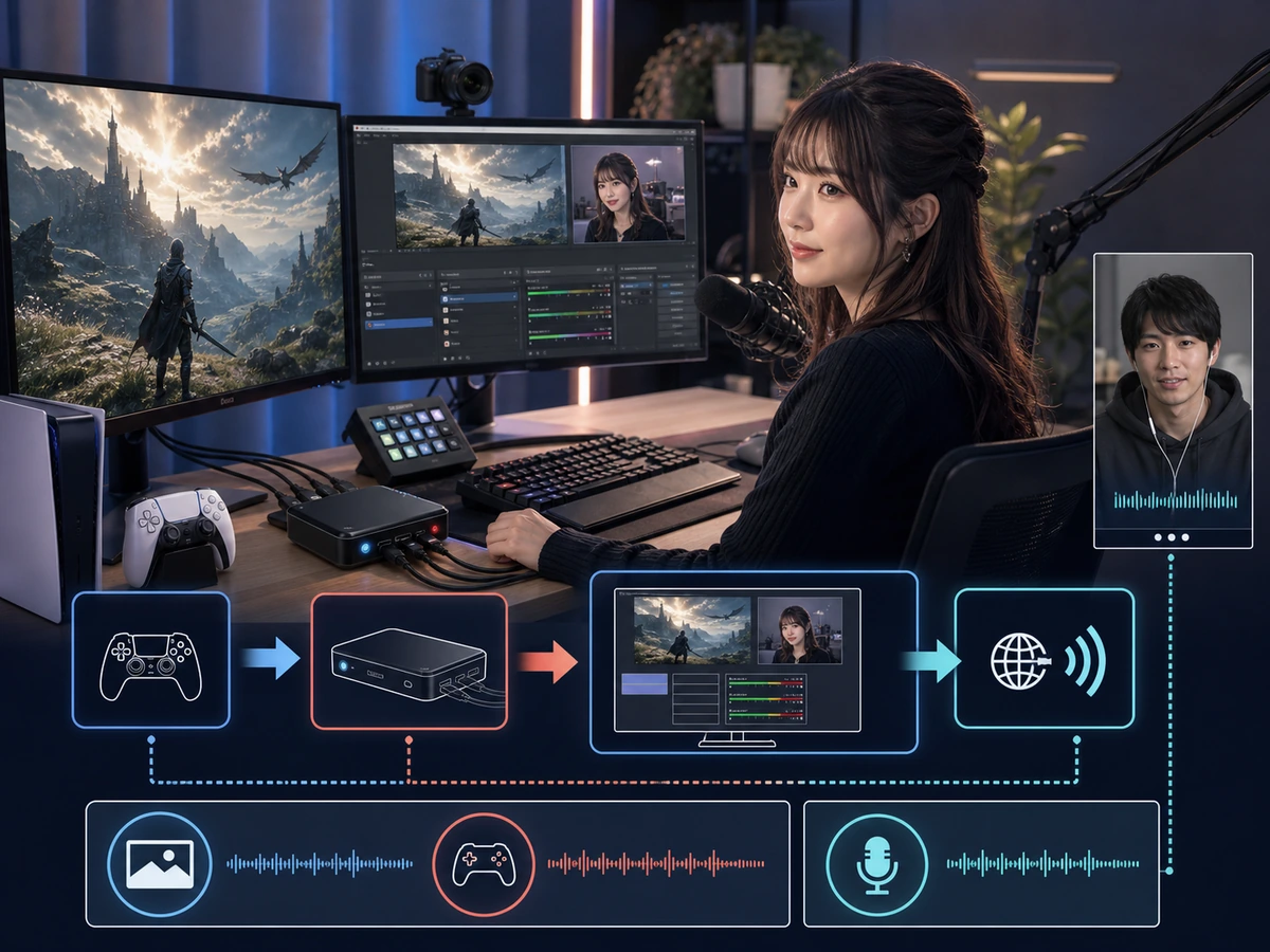 女性配信者がPCでゲーム画面とカメラを調整し、配信前の音声テストをしている