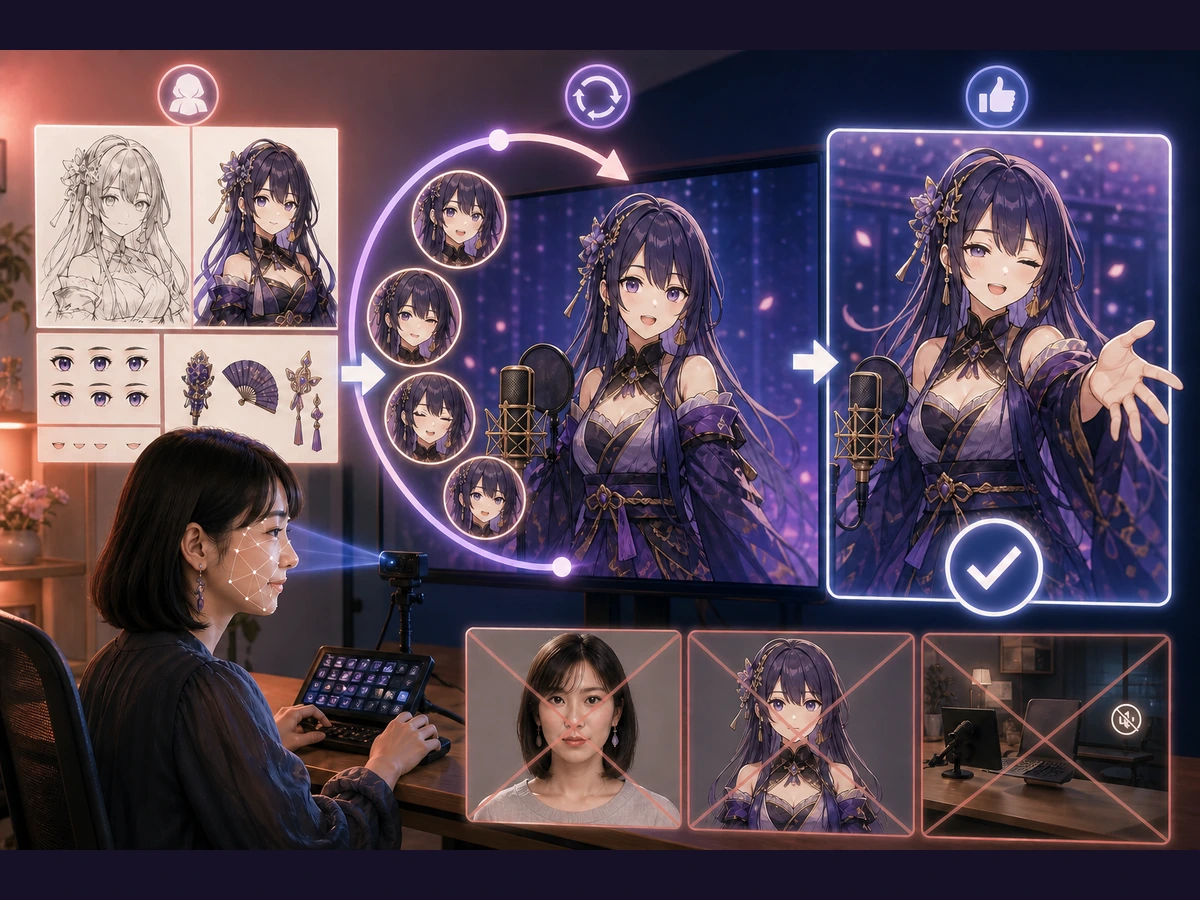 女性が自分のバーチャルキャラクターを動かしながらVライバー配信を準備している