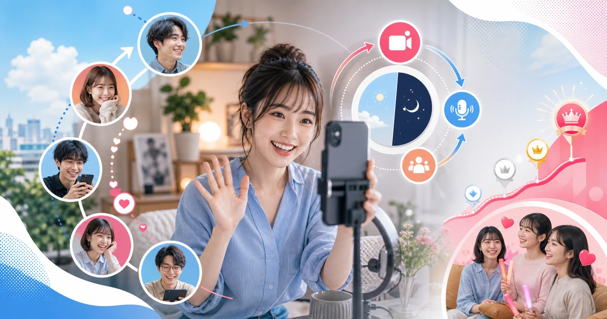 女性配信者が日々のライブ、ラジオ、新しい視聴者、応援ランク、ファミリーを一つの活動として続けている