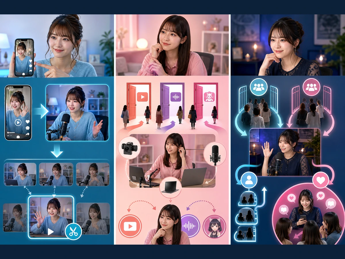 三人の女性配信者が短い動画、配信形式、対象限定の配信から新しい視聴者を迎え、配信後の機能へ進んでいる