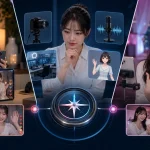 三人の女性配信者が短い動画とLIVE、多様な配信形式、日々の交流機能を同じ画面で比べている