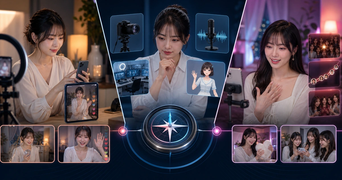 三人の女性配信者が短い動画とLIVE、多様な配信形式、日々の交流機能を同じ画面で比べている