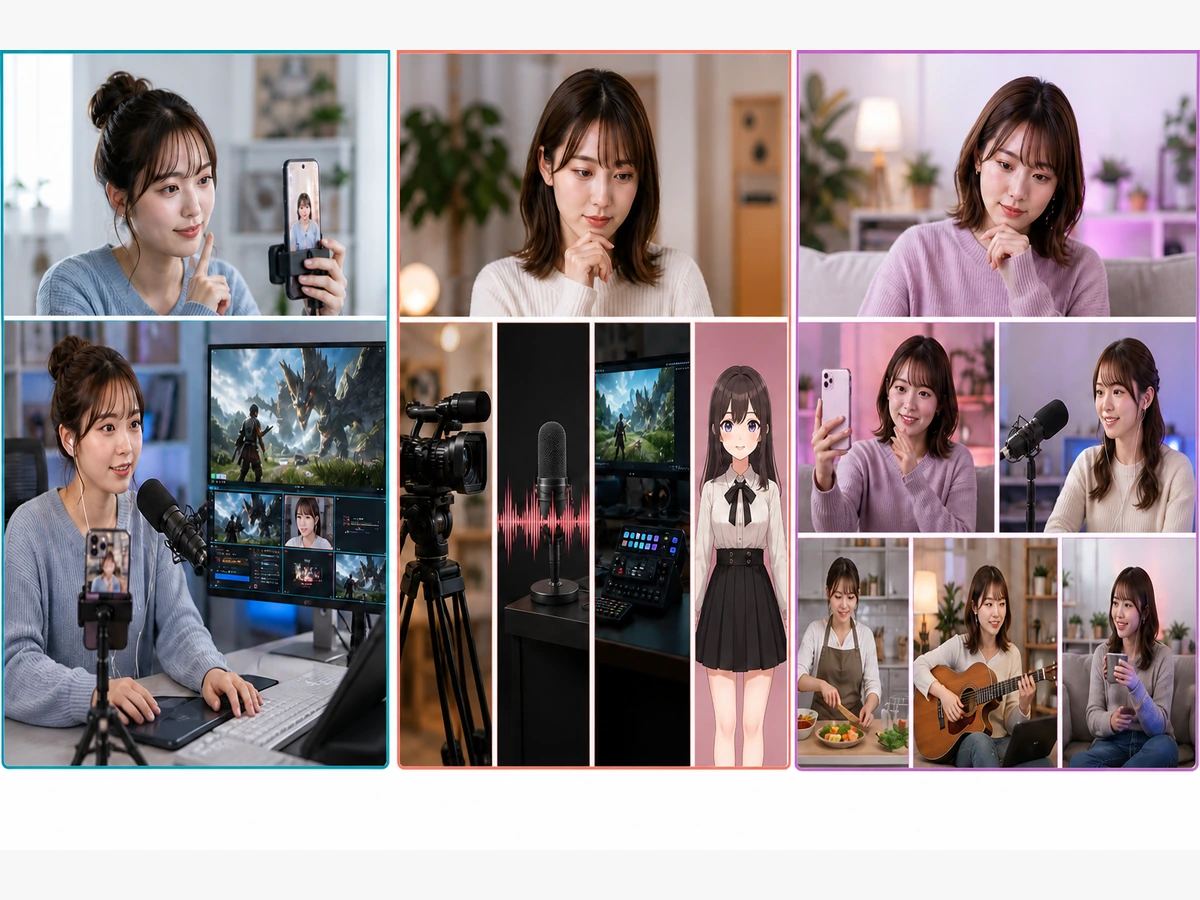三人の女性配信者が短い動画とLIVE、動画とラジオとV配信、ライブとラジオとカテゴリをそれぞれ選んでいる