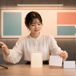 女性配信者が現在の配信環境を保ちながら運営から届いた変更通知を整理している