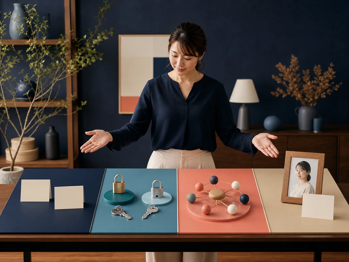 女性配信者が表示名、ログイン、公開範囲、プロフィールという四つのアカウント準備を分けて考えている