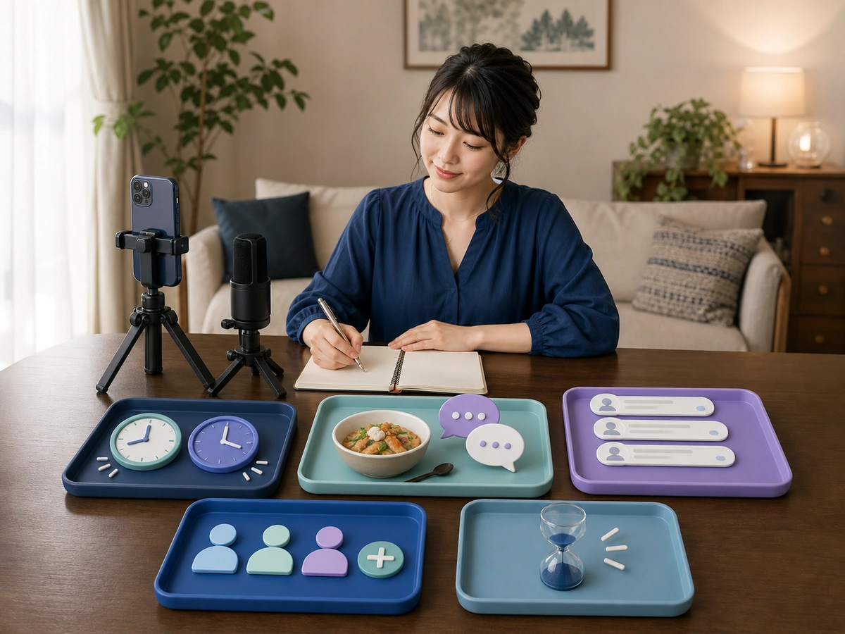 初配信を終えた女性が開始と終了、配信内容、コメント、フォロー、配信時間を別々に整理している