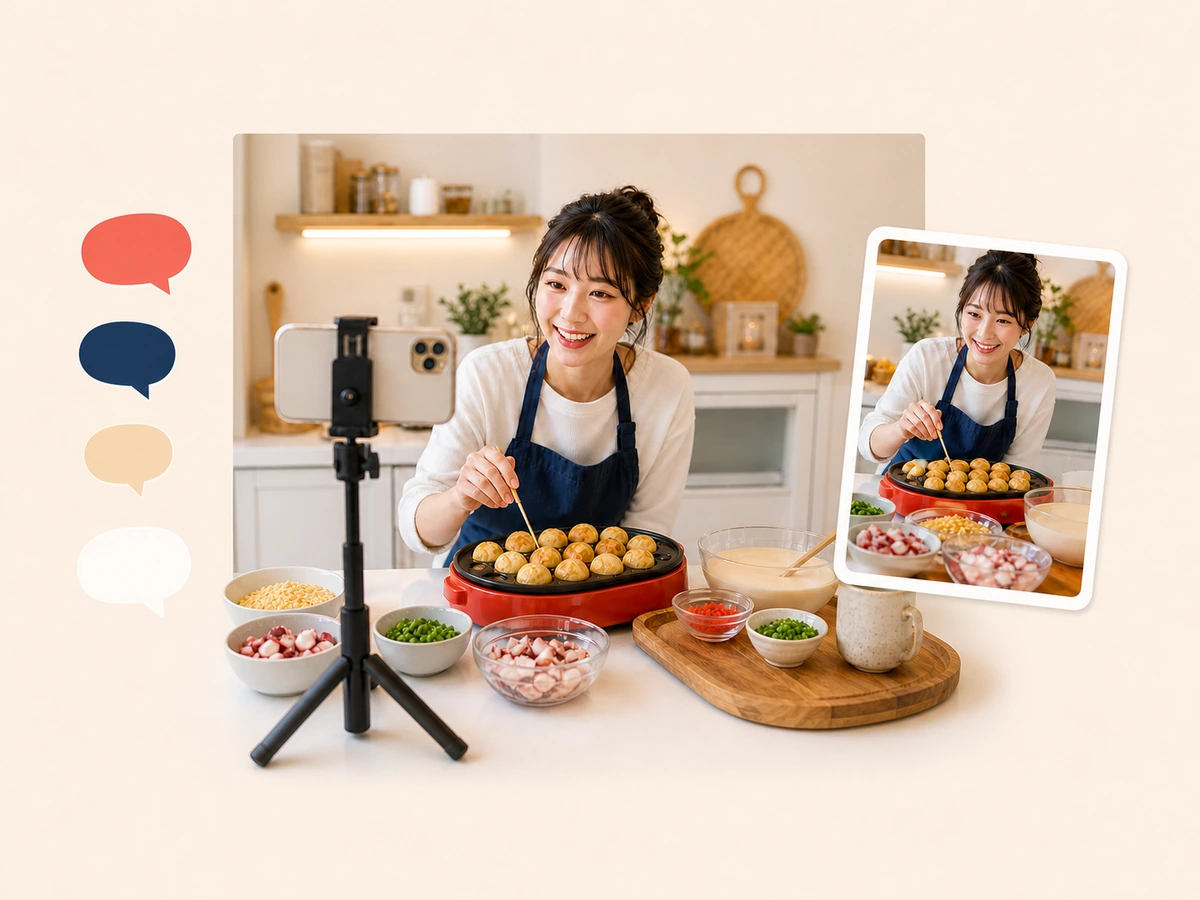 女性配信者がたこ焼きを作りながら話し、料理が伝わる配信画像を準備している