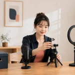 女性配信者が休止後にスマートフォン、マイク、照明を整えて配信を再開している