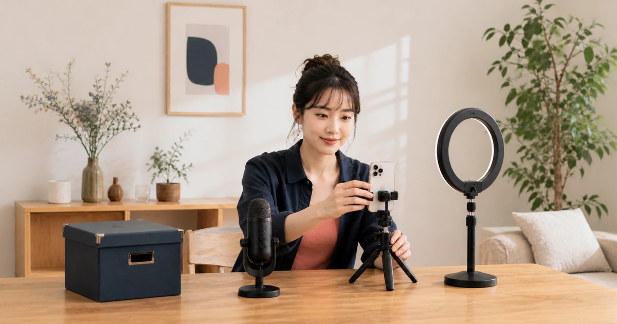 女性配信者が休止後にスマートフォン、マイク、照明を整えて配信を再開している