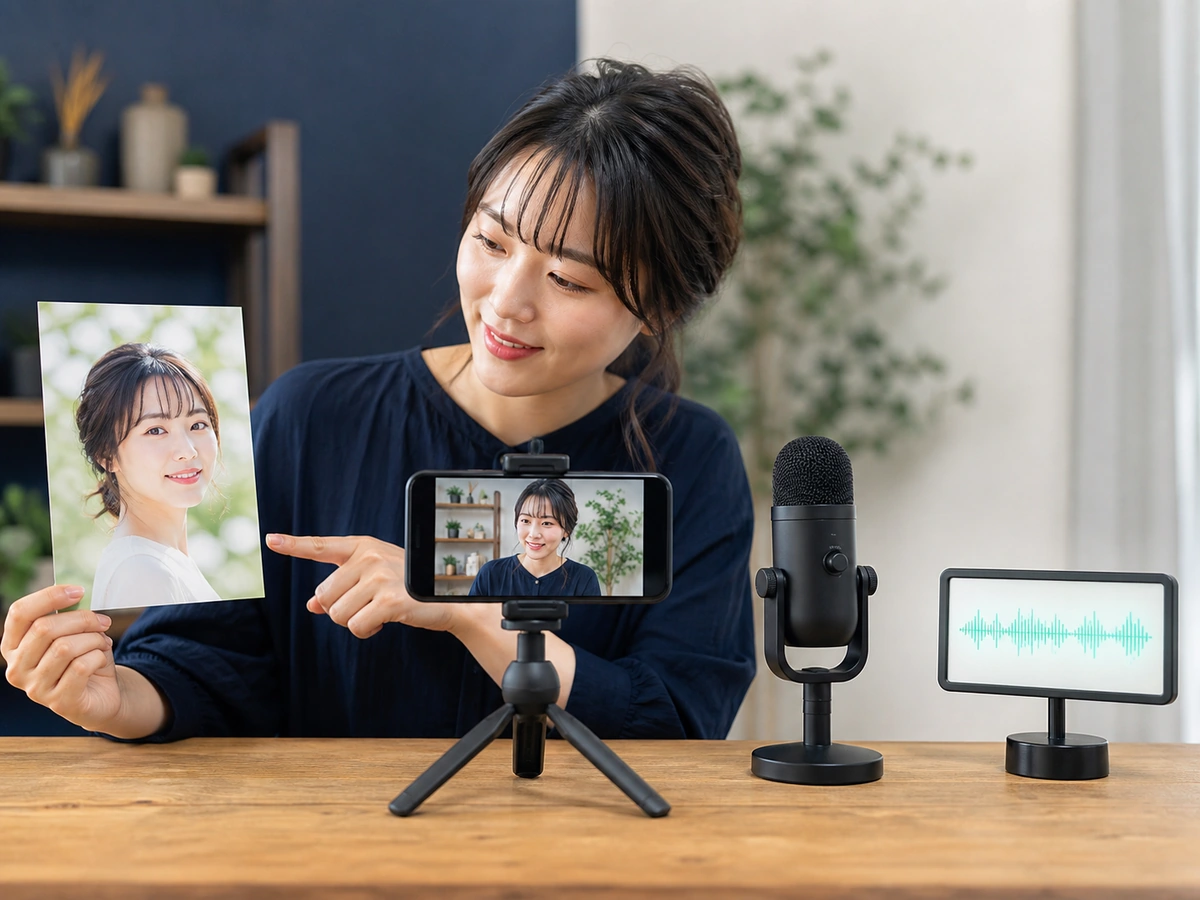 女性配信者が明るい配信画像、スマートフォンの画面、マイクの音を再開前に確認している