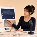 女性配信者がプロフィール文、プロフィール画像、背景画像を一つの画面として整えている