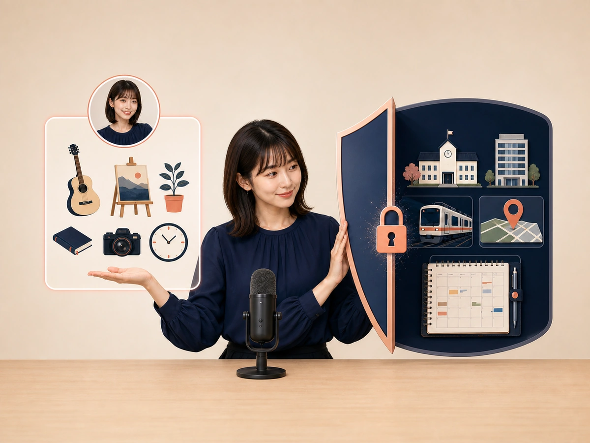 女性配信者が公開する趣味と配信時間から学校、職場、路線、行動予定を分けている