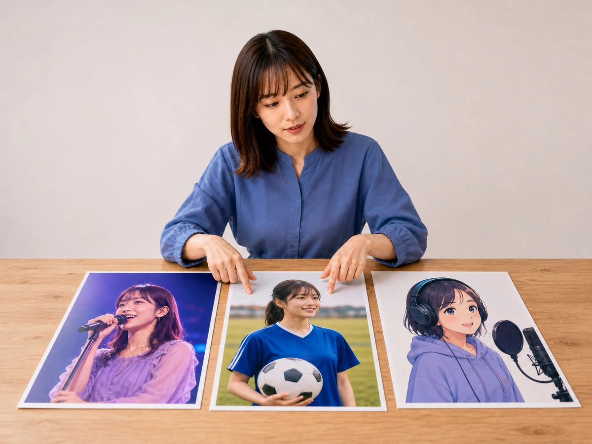 歌のマイク、サッカーのユニフォーム、音声活動のイラストを配信者が見比べている