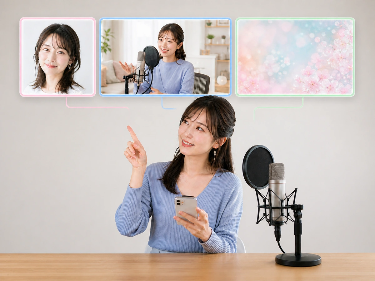女性配信者がプロフィール画像、配信カバー、背景画像を別々に確認している