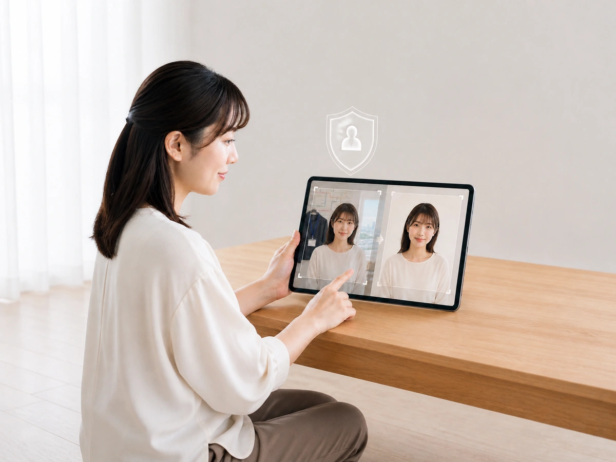 女性配信者が公開用写真から制服、社員証、路線、窓外の景色を外している