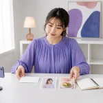 女性配信者が今日の配信内容、タイトル、配信画像をそろえている