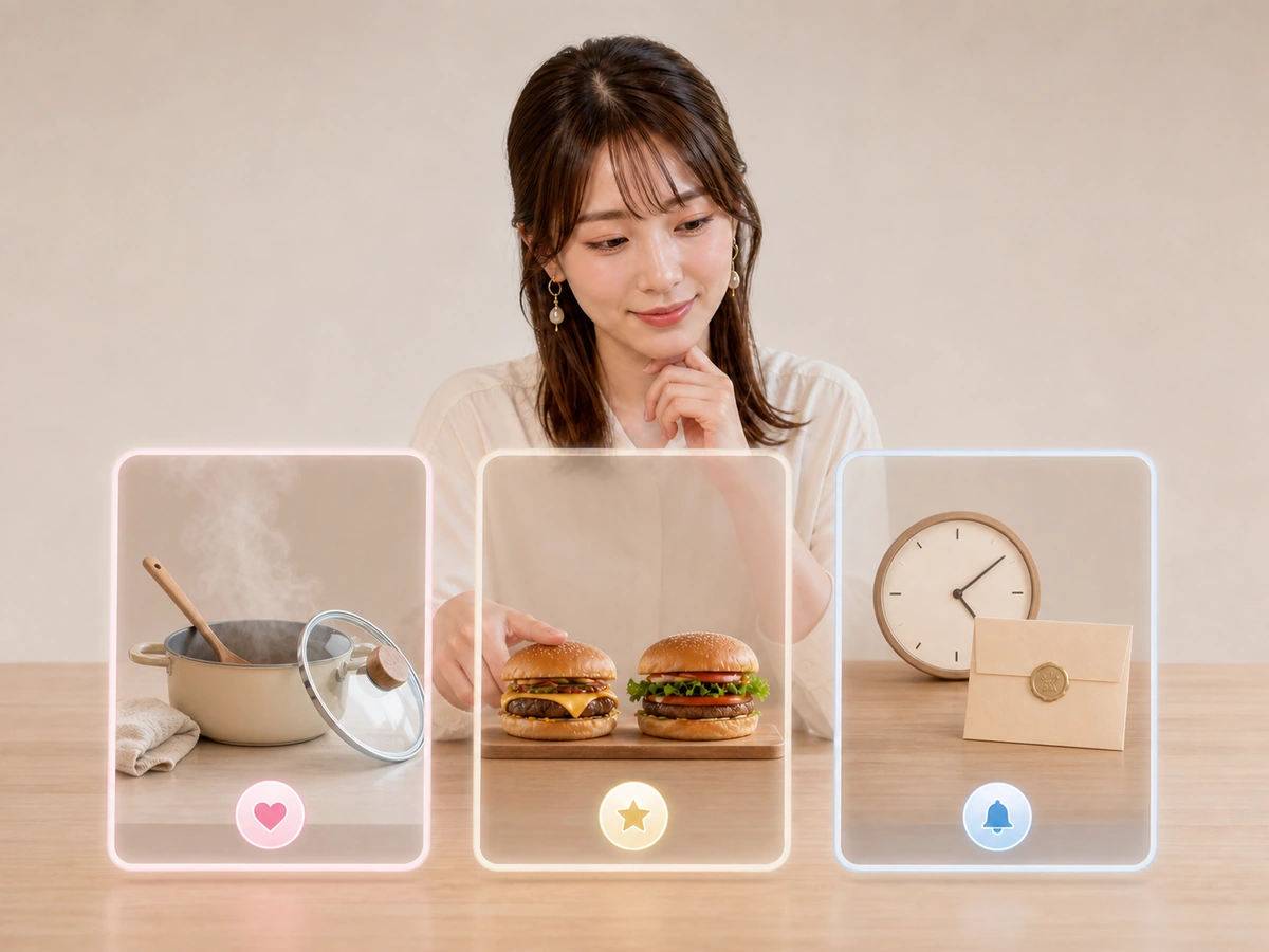 女性配信者が失敗した出来事、食べ物の質問、時刻のある告知から実際の配信タイトルを選んでいる