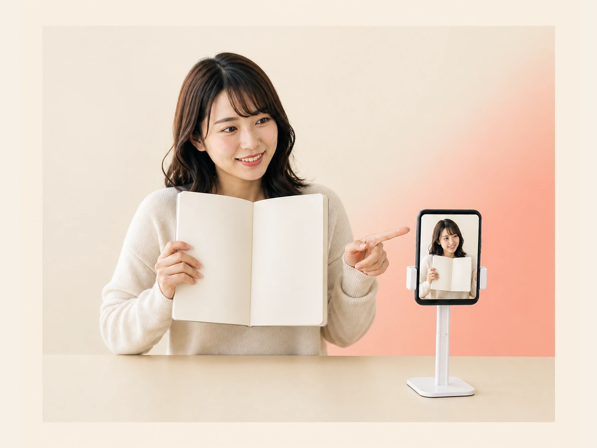 勉強配信をする女性がノートを持ち、その回の内容とサムネイルを一致させている