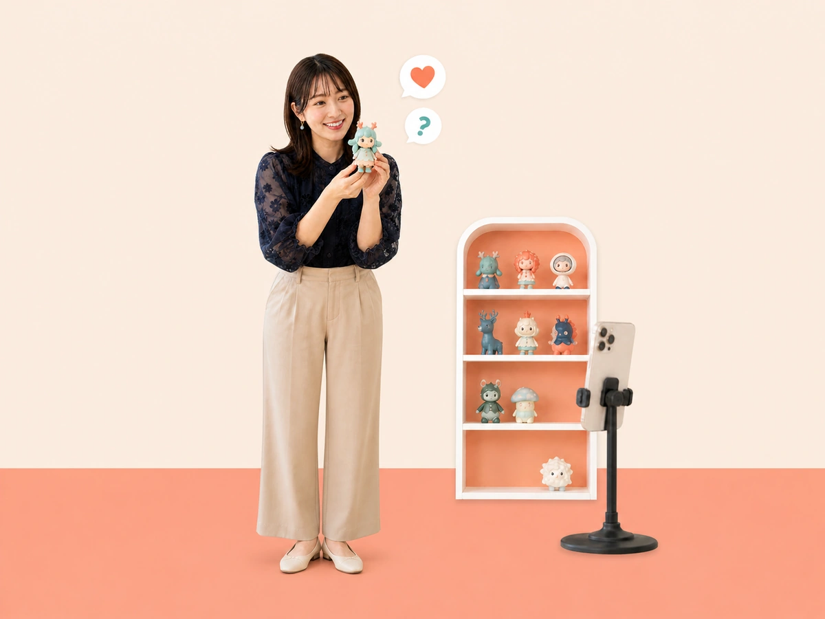 好きなフィギュアを背景に飾った女性配信者が、その物を会話の題材として紹介している