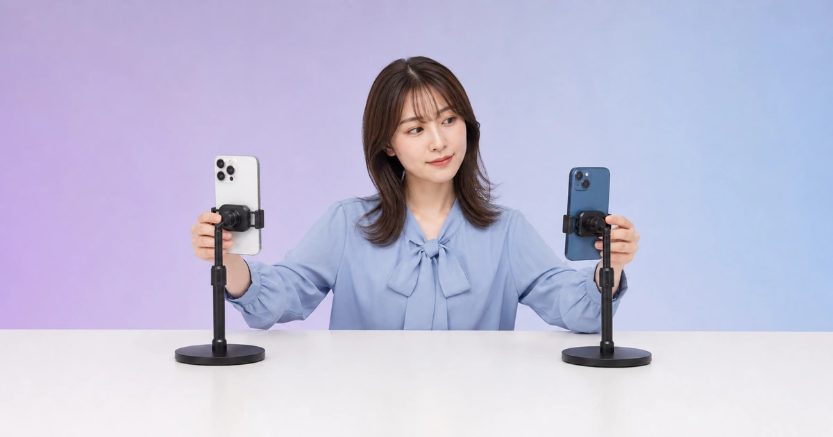 女性配信者が二台のスマートフォンを同じ配信環境で比べている