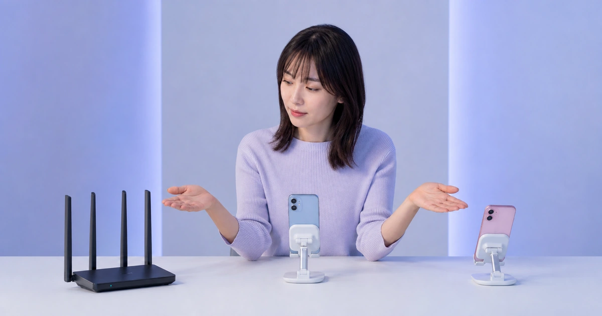女性配信者がルーターと二台の端末を前に通信トラブルの原因を考えている