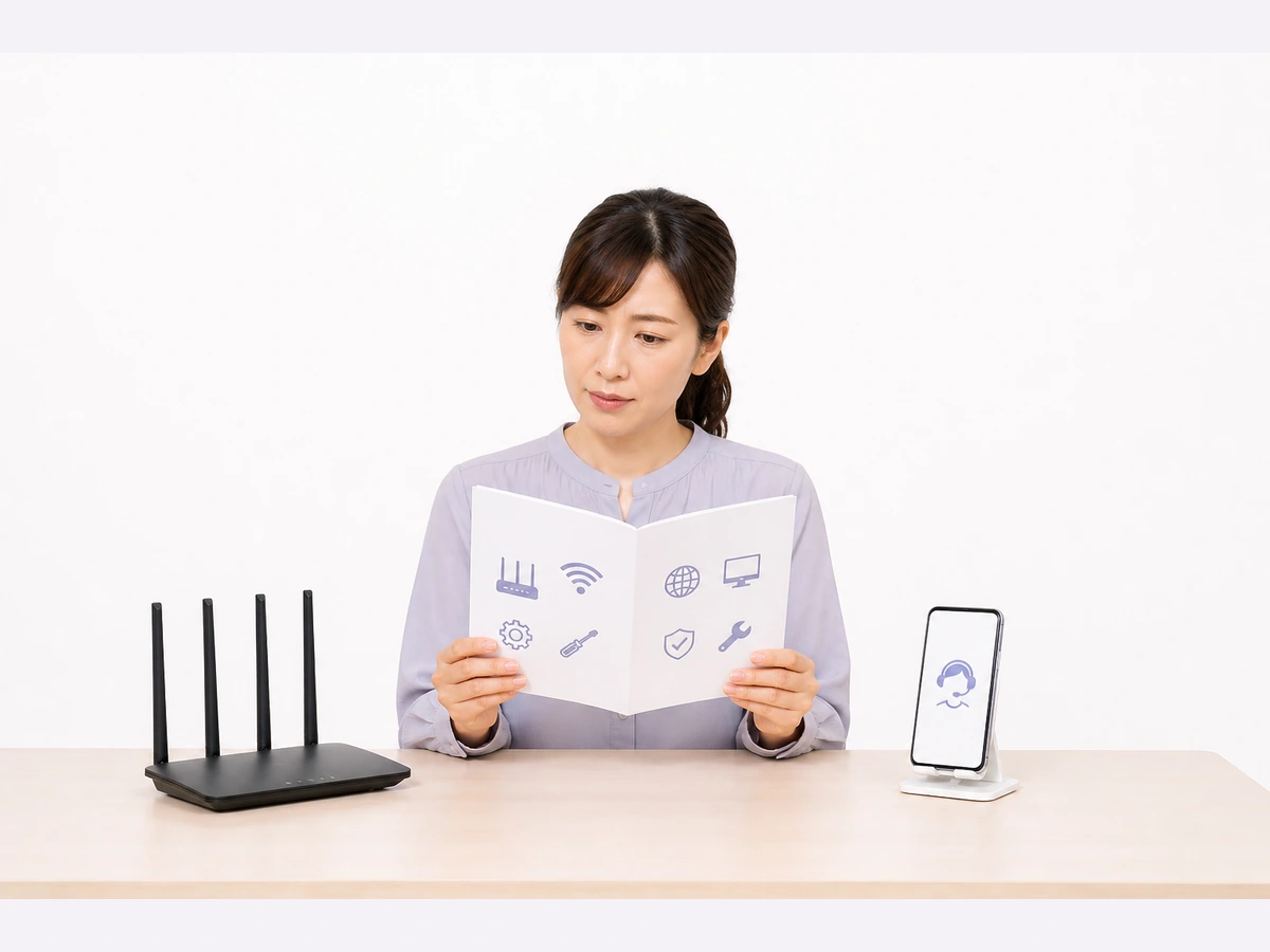 女性配信者がルーターの説明書と回線事業者への問い合わせ先を確認している