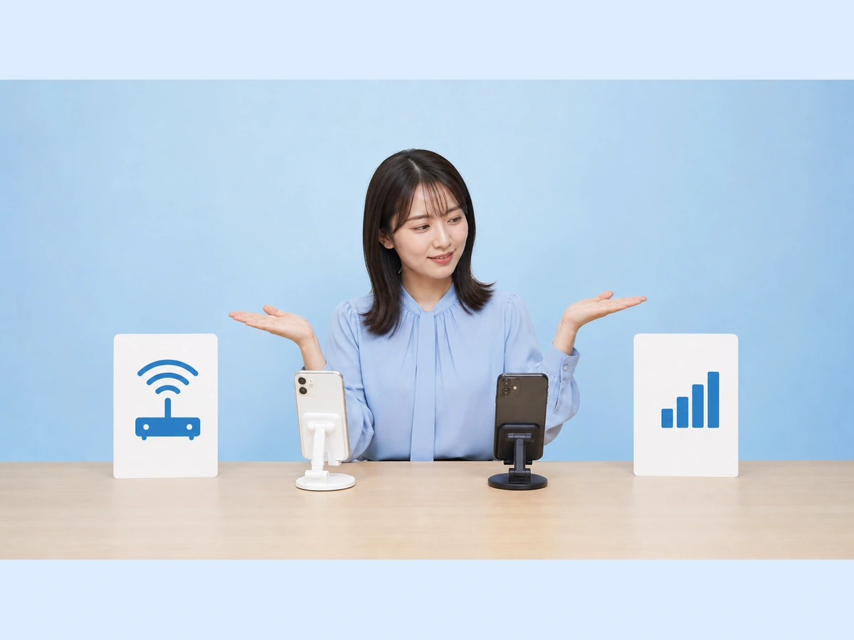 女性配信者がWi-Fi、モバイル通信、別端末の接続結果を並べて見ている