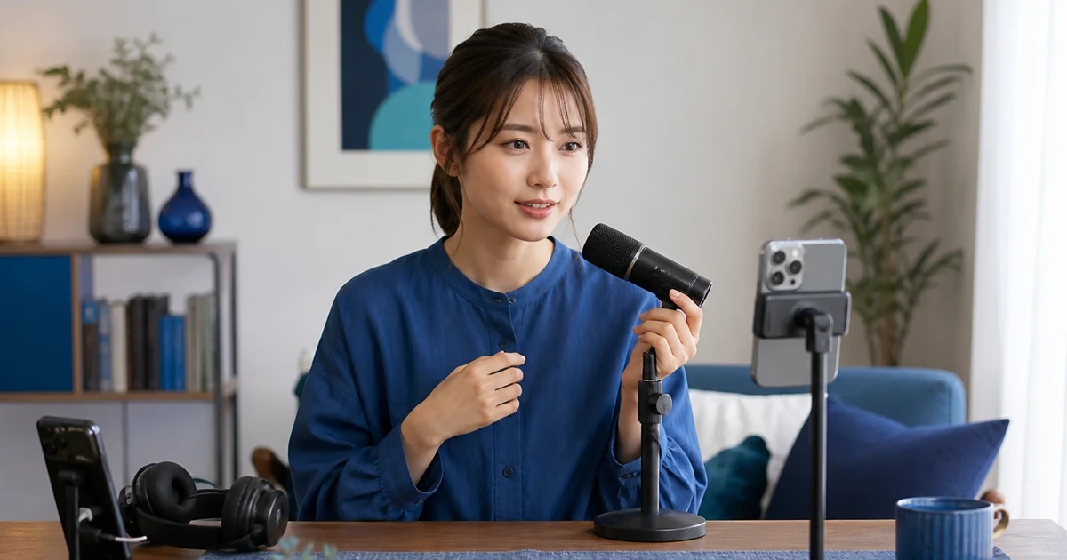 女性配信者が顔を隠さない位置にマイクを置きスマートフォンへ向かって話している