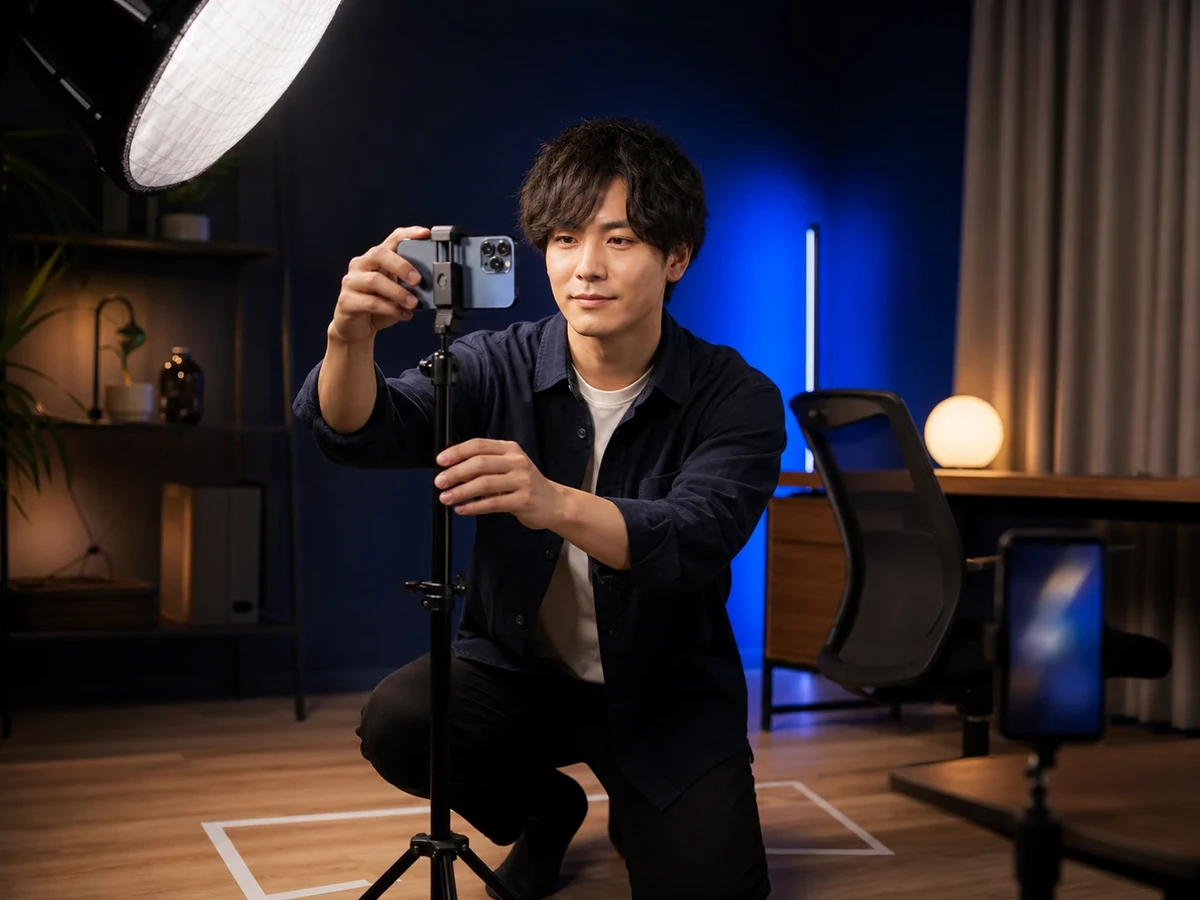 男性配信者が照明をつけた部屋でスマートフォンスタンドの高さを調整している