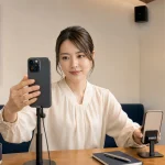 女性配信者が公共の屋内で背景と館内スピーカーを見ながら端末位置を調整している