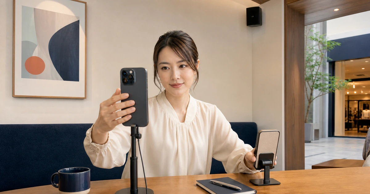 女性配信者が公共の屋内で背景と館内スピーカーを見ながら端末位置を調整している