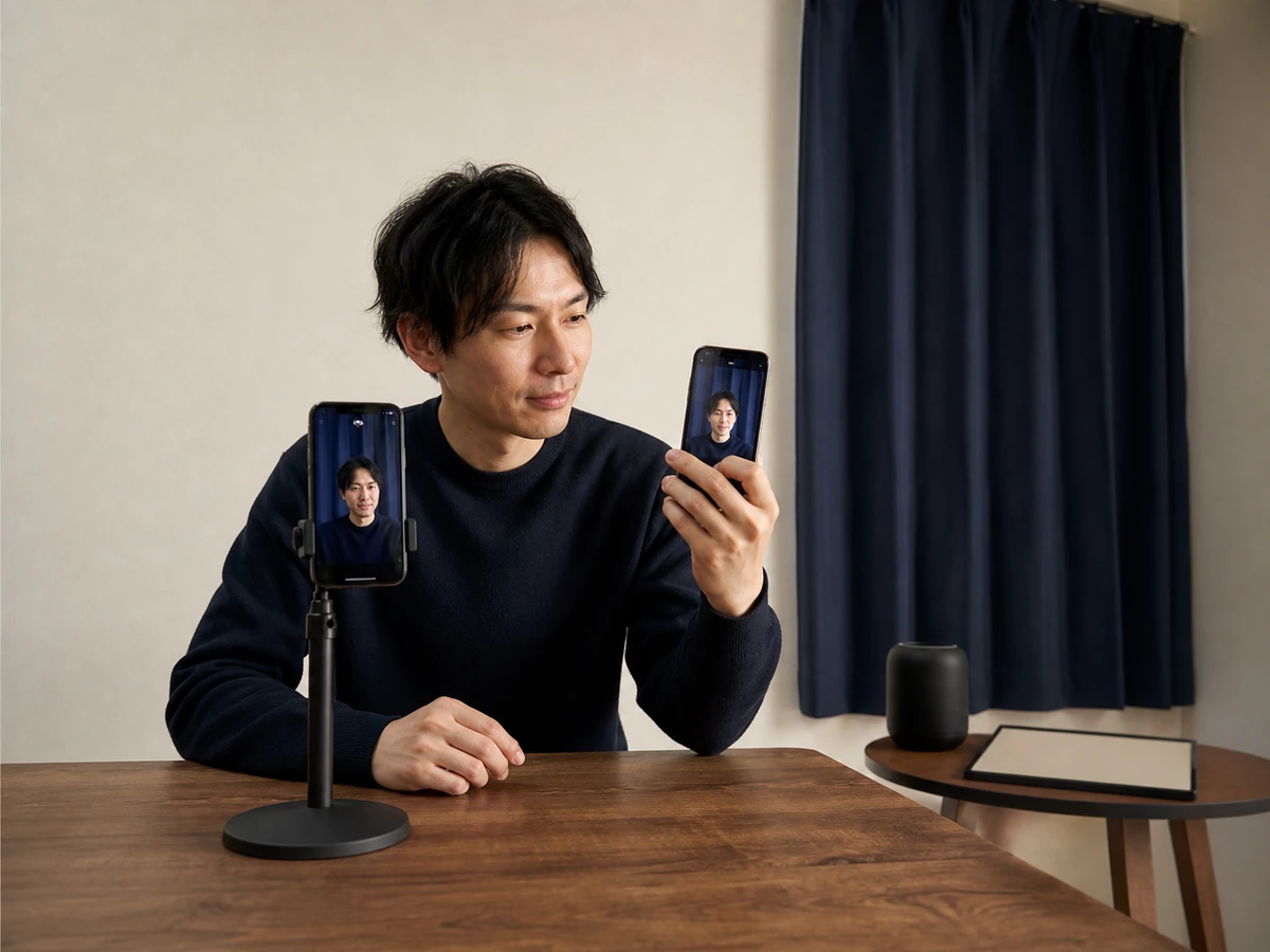 女性配信者が別端末で看板のない背景と周囲の音を確認している