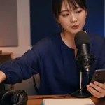 女性配信者が話し声とBGMの音量を配信前に調整している