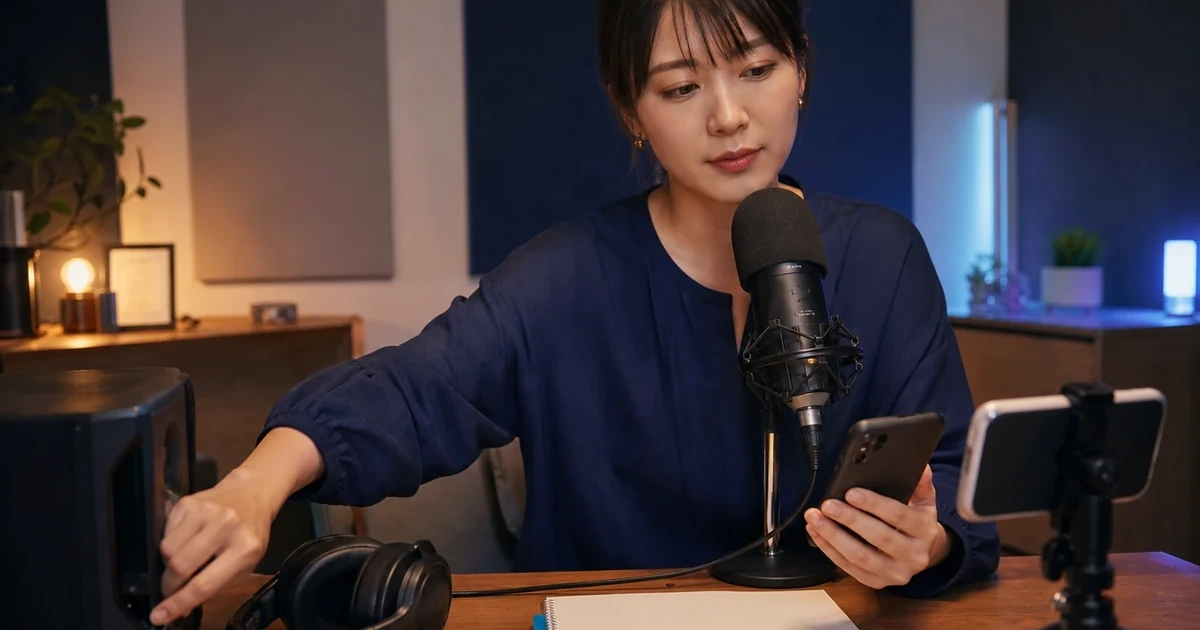 女性配信者が話し声とBGMの音量を配信前に調整している