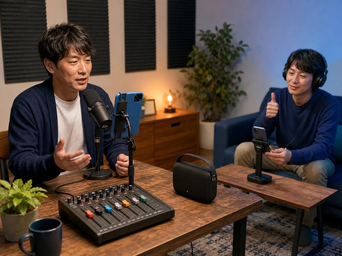 配信者が話し声を主にしながらBGMの音量を下げ、別の人が配信音を確認している
