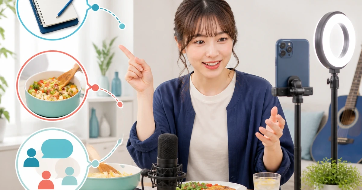女性配信者が質問メモ、料理、会話という話題の入口を選んでいる