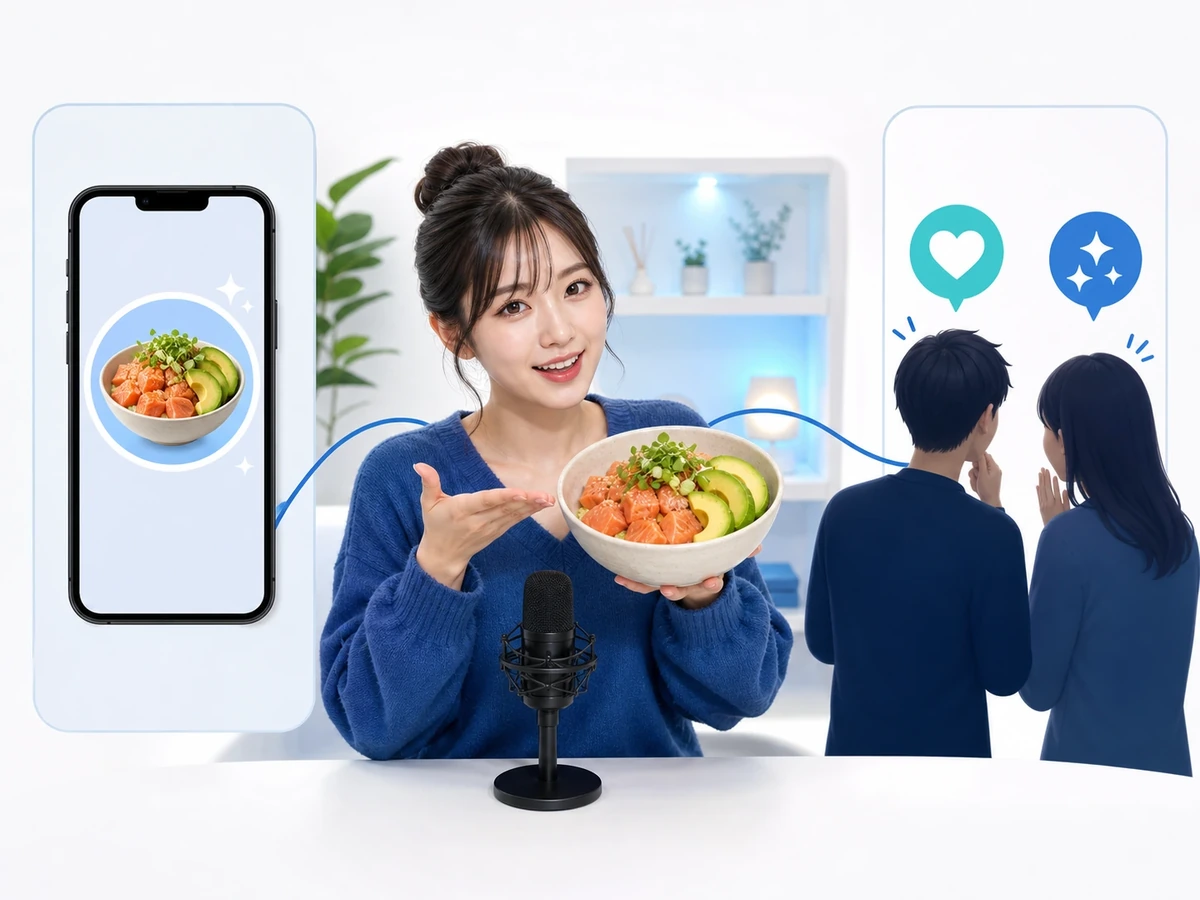 女性配信者が公開プロフィールの料理写真を会話の入口にして視聴者へ話しかけている