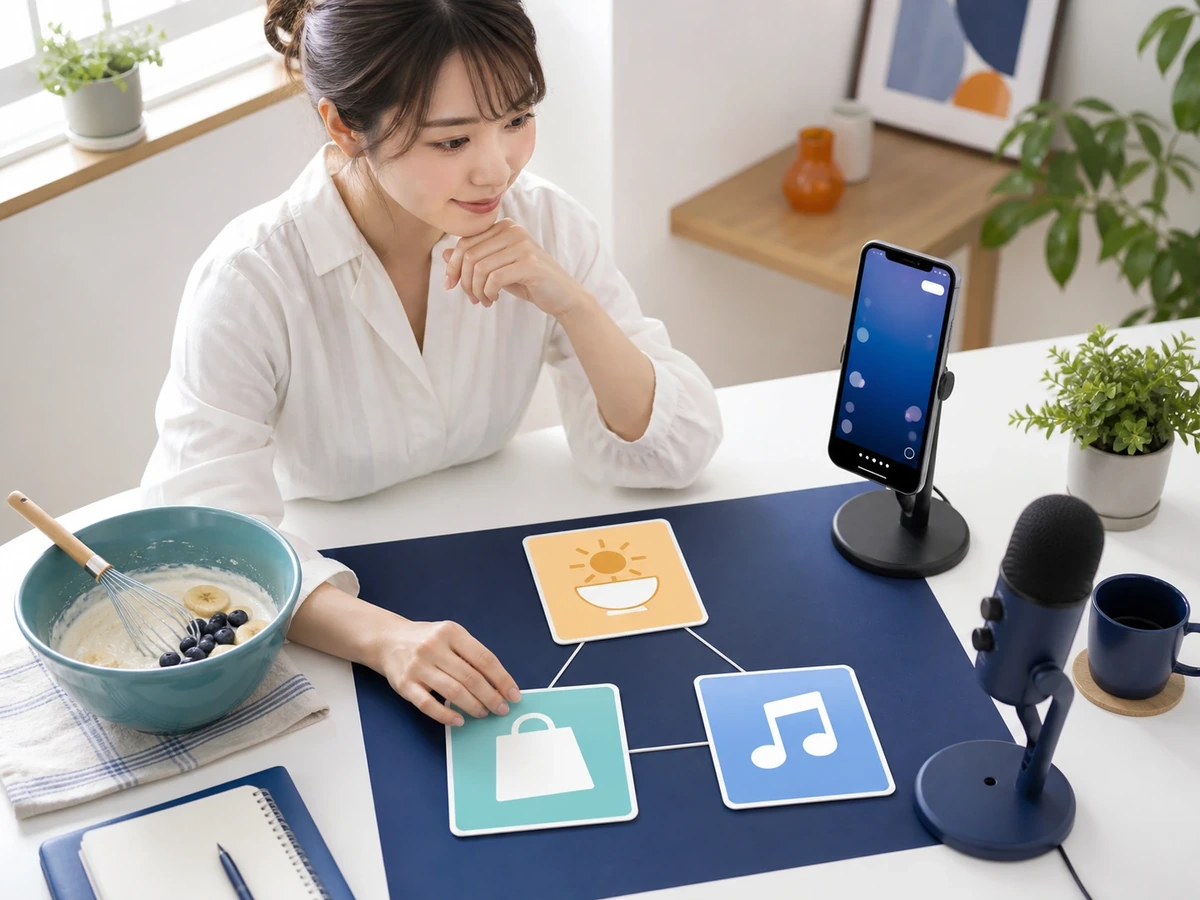 女性配信者が質問メモ、料理、音楽という話題候補を配信前に選んでいる
