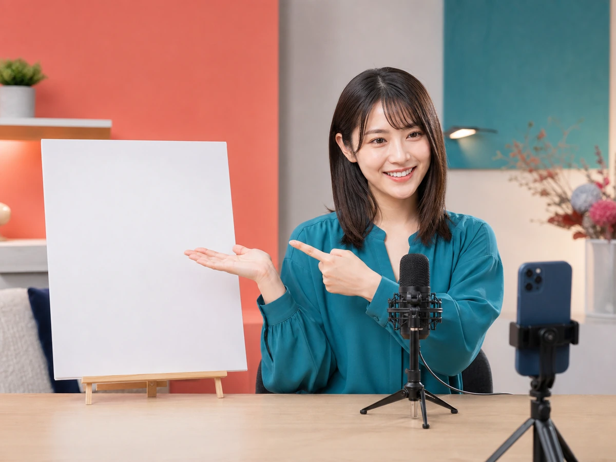 女性配信者が配信の冒頭に笑顔で自己紹介し今日のテーマを伝えている