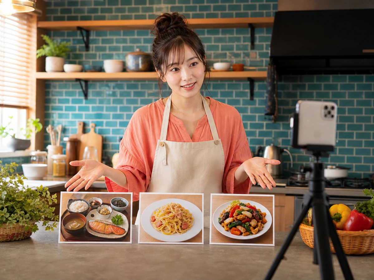 女性配信者が料理配信で和食と洋食と中華の料理写真を見せながら次に作る物を尋ねている