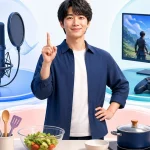 男性配信者の周囲に歌とゲームと料理の配信場面が分かれて配置されている