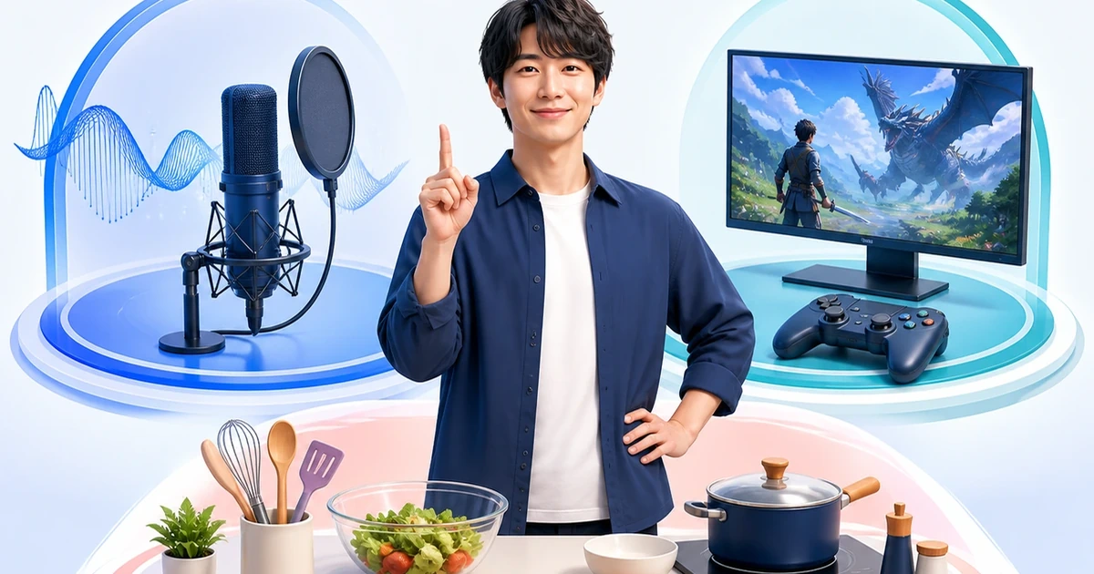 男性配信者の周囲に歌とゲームと料理の配信場面が分かれて配置されている