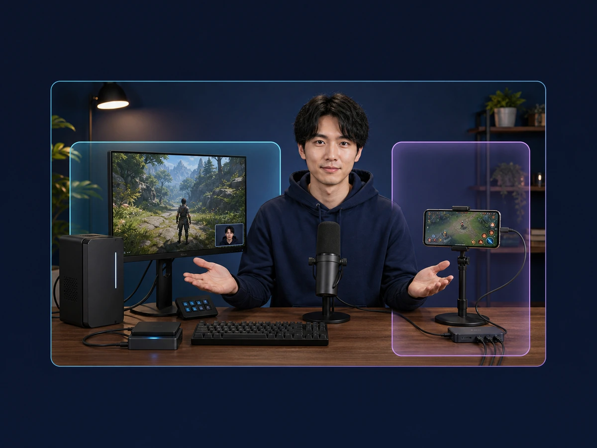 男性配信者がテレビ画面をスマートフォンで撮らずPCの配信画面とモバイルゲーム配信を確認している